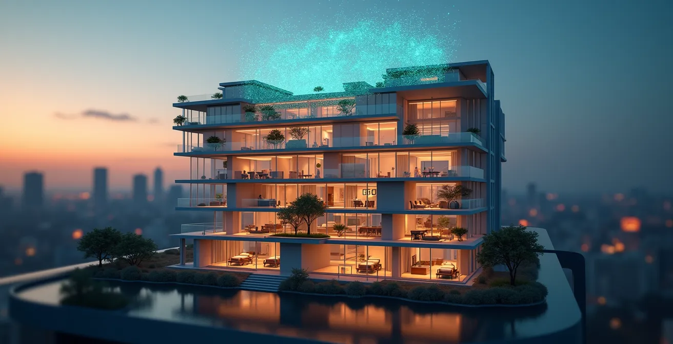 Bâtiment intelligent avec capteurs IoT et systèmes de détection automatisés assurant la sécurité des occupants