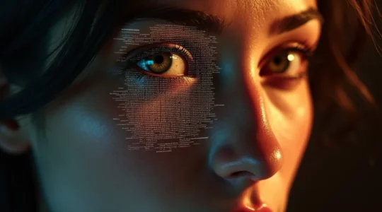 Visage humain stylisé avec motifs biométriques et verrou symbolique pour illustrer biométrie et sécurité