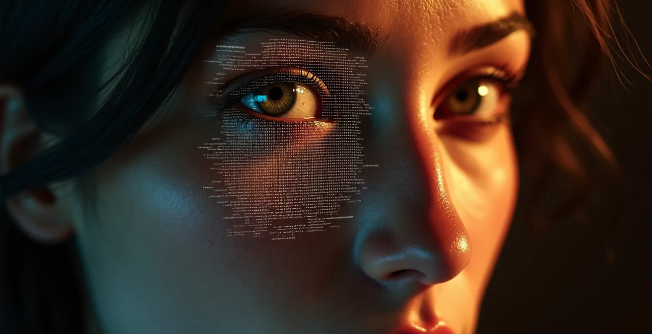 Visage humain stylisé avec motifs biométriques et verrou symbolique pour illustrer biométrie et sécurité