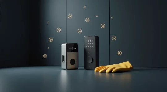 Composition symbolique montrant différents équipements de sécurité (serrure, alarme) entourés de logos NF A2P CE