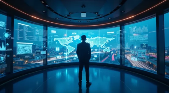 Vision futuriste d'un centre de contrôle de sécurité équipé de technologies IA avancées