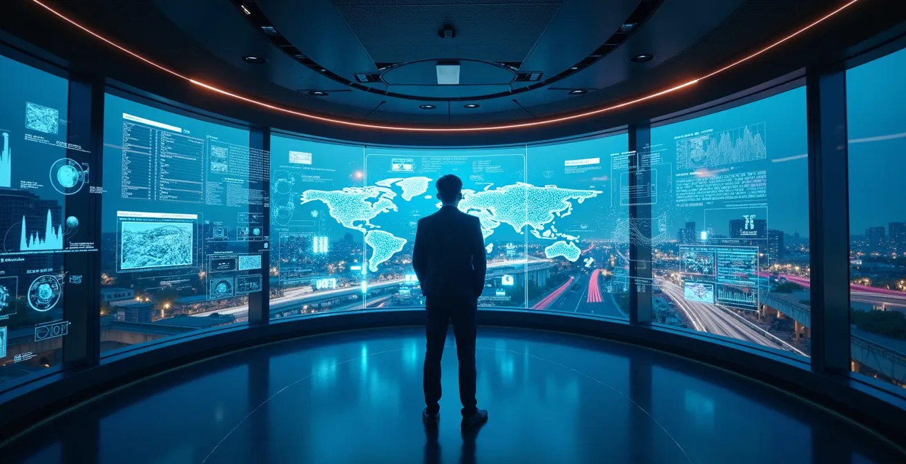 Vision futuriste d'un centre de contrôle de sécurité équipé de technologies IA avancées