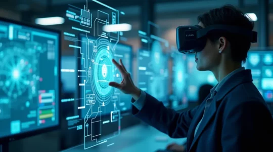 Représentation visuelle de l'hypervision unifiée intégrant sécurité physique, GTB et systèmes informatiques dans un centre de contrôle moderne