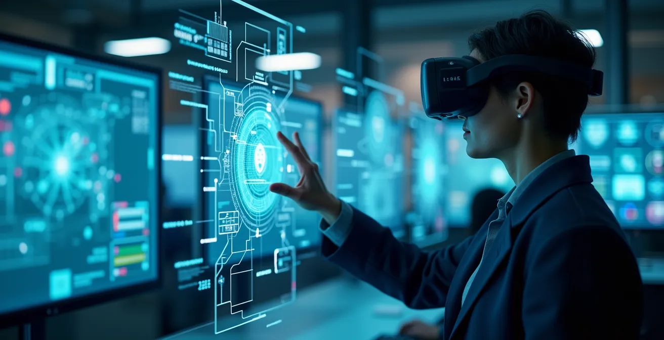 Représentation visuelle de l'hypervision unifiée intégrant sécurité physique, GTB et systèmes informatiques dans un centre de contrôle moderne