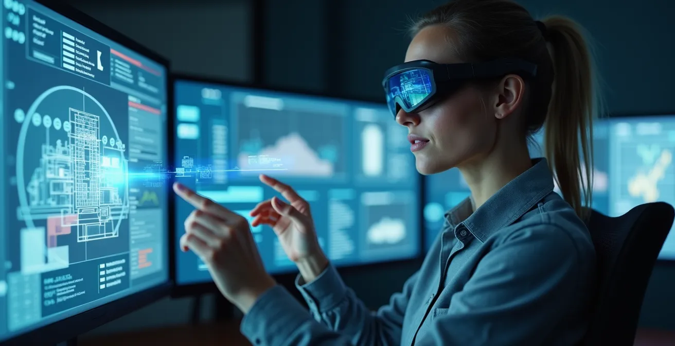 Opérateur de sécurité du futur équipé de lunettes à réalité augmentée visualisant des données en temps réel
