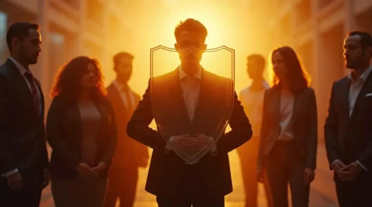 Silhouette de personnes protégées par un bouclier sur fond abstrait évoquant la sécurité