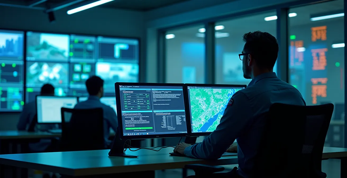 Centre de commande de sécurité avec écrans montrant une interface PSIM unifiée coordonnant les systèmes de vidéosurveillance, contrôle d'accès et alarmes