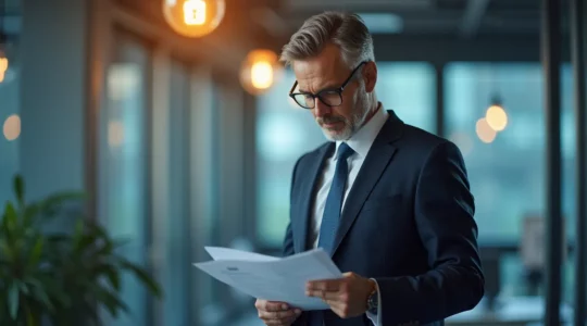 Un dirigeant d'entreprise examinant des documents de sécurité entouré de symboles de protection et de conformité légale