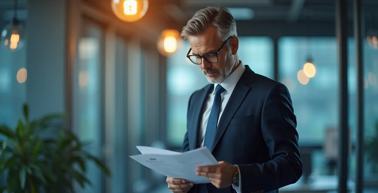 Un dirigeant d'entreprise examinant des documents de sécurité entouré de symboles de protection et de conformité légale