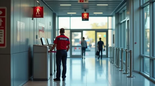 Établissement recevant du public moderne avec signalétique de sécurité et système de contrôle d'accès