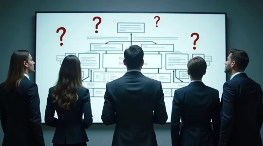 Image symbolique montrant une équipe d'entreprise face à des défis de sécurité sans responsable désigné, représentant l'illusion de la sécurité sans répartition claire des rôles