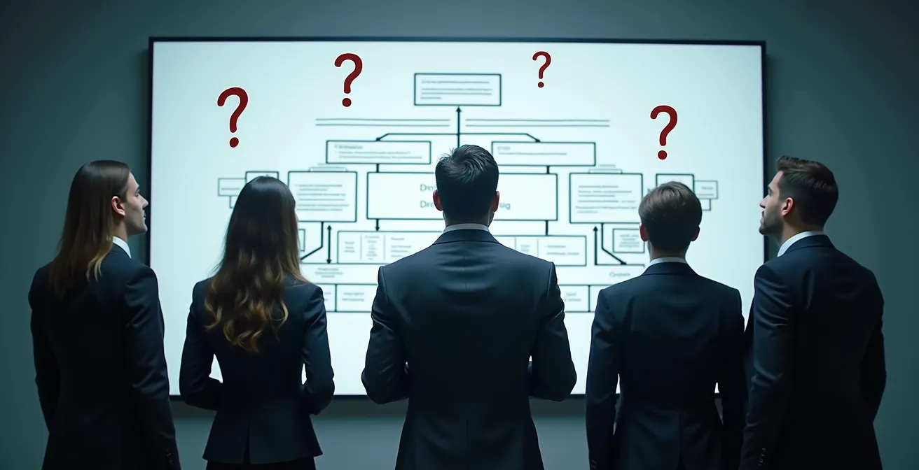 Image symbolique montrant une équipe d'entreprise face à des défis de sécurité sans responsable désigné, représentant l'illusion de la sécurité sans répartition claire des rôles