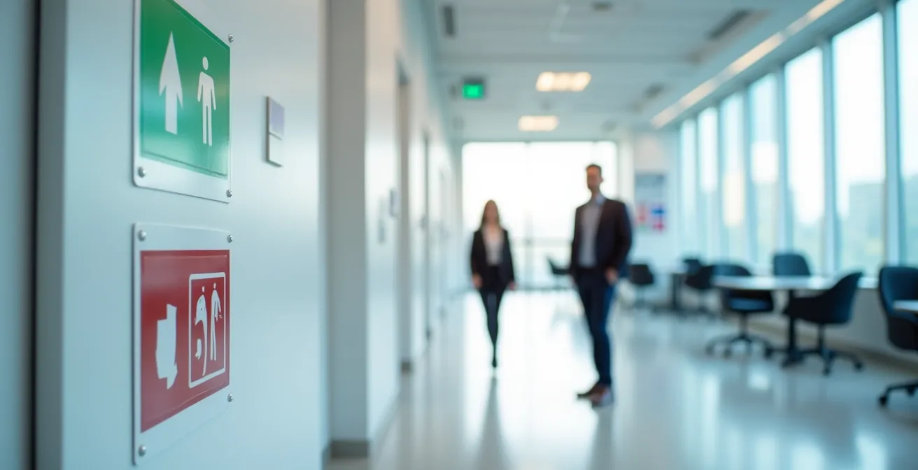 Système de signalétique d'urgence avec pictogrammes ISO 7010 pour communication visuelle claire