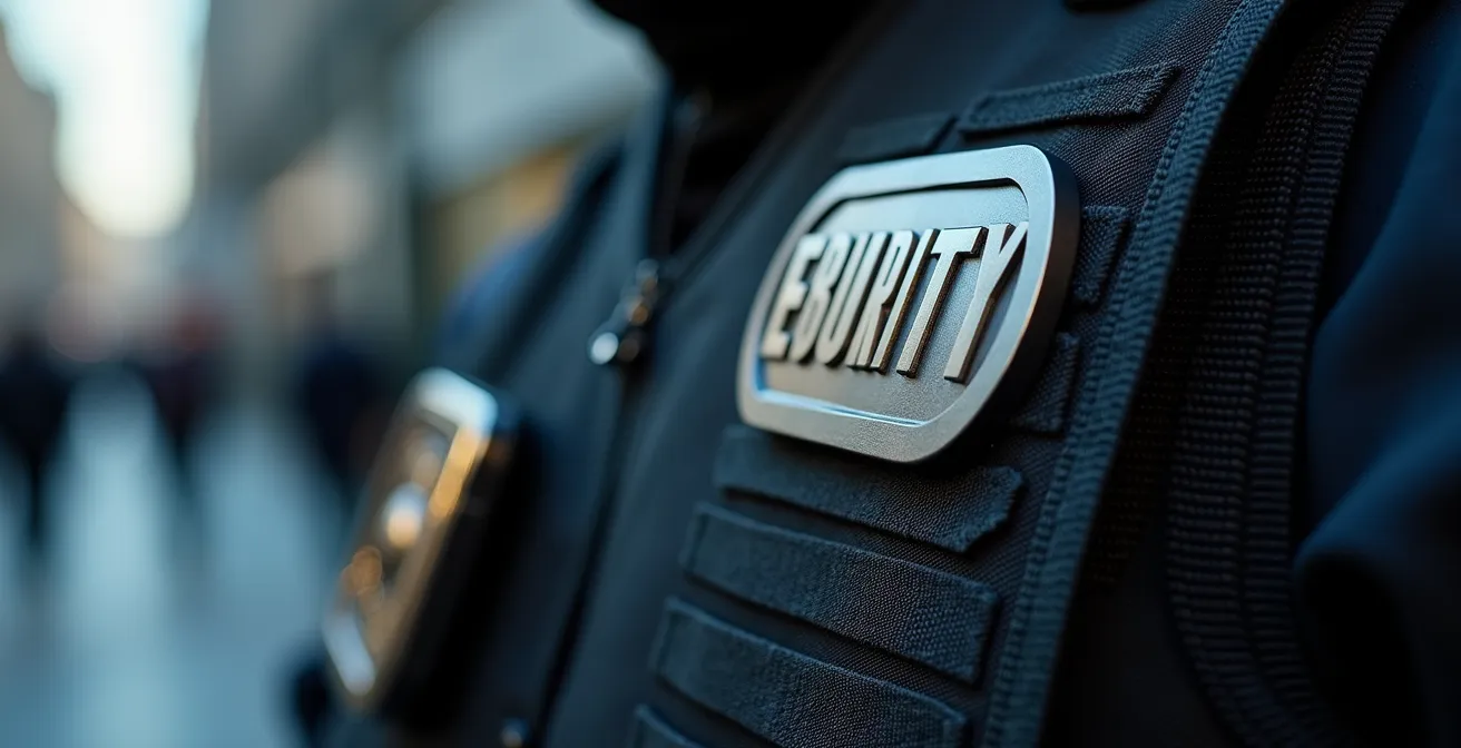 Agent de sécurité en uniforme professionnel avec équipements modernes dans un environnement de travail