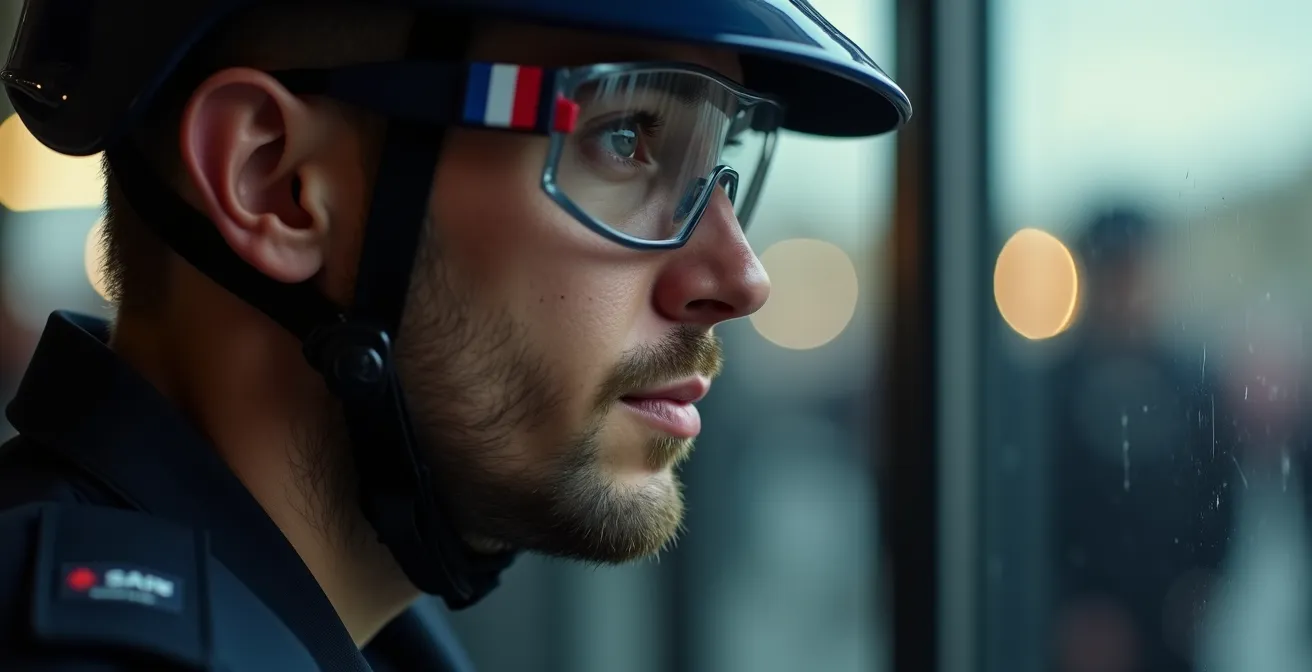 Agent de sécurité en position calme face à une foule dense