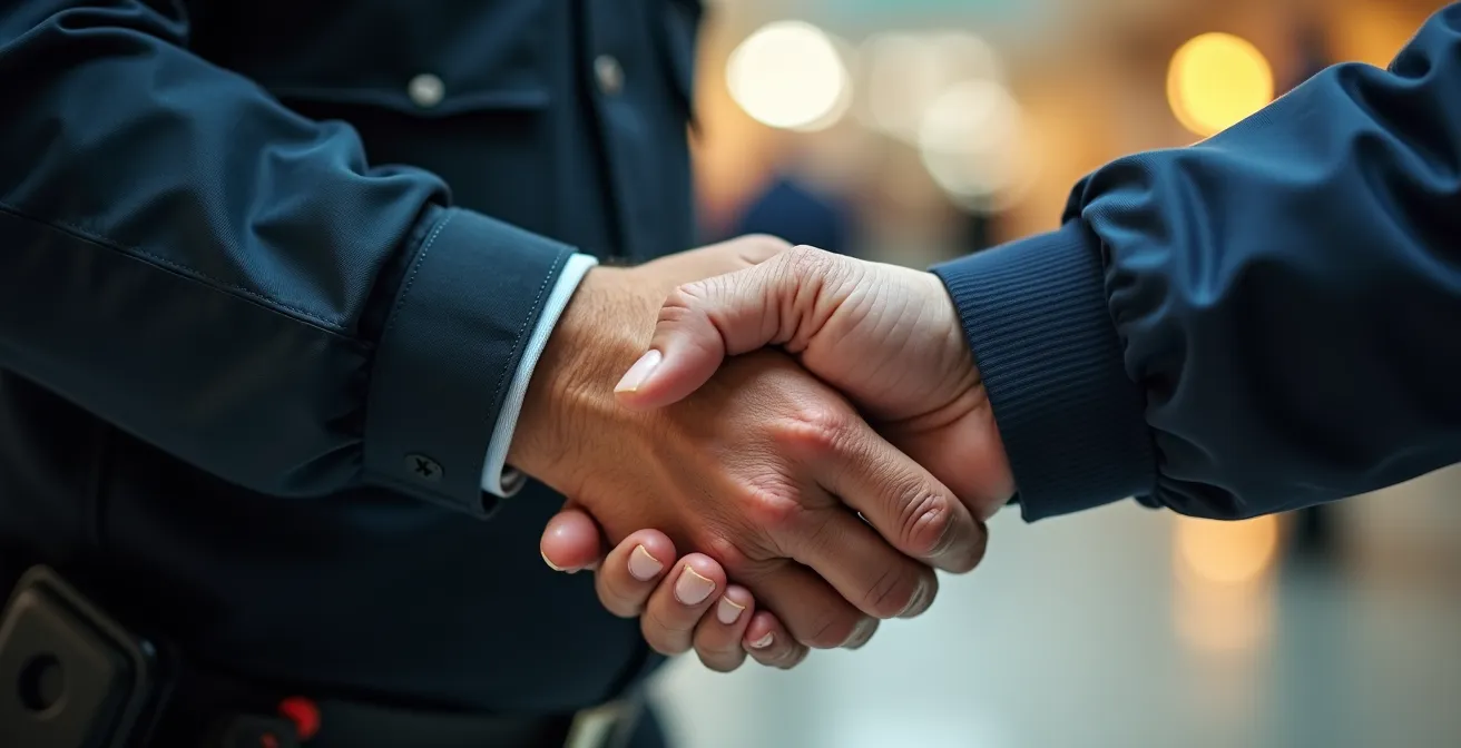 Agent de sécurité assistant une personne âgée dans un centre commercial