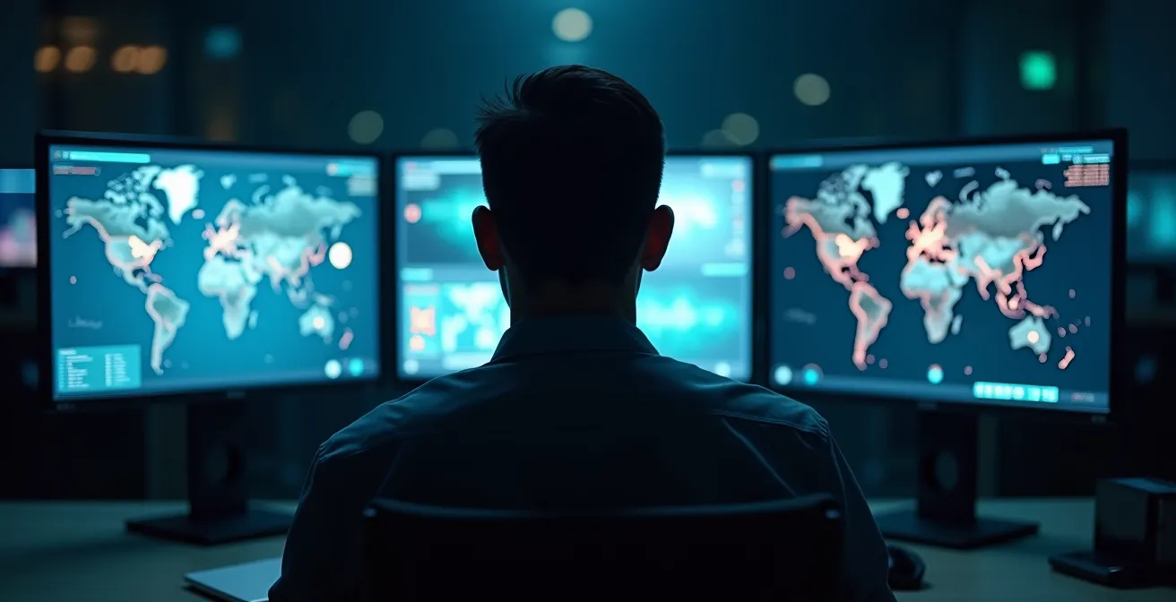 Agent de sécurité analysant plusieurs écrans de vidéosurveillance dans un centre de contrôle moderne