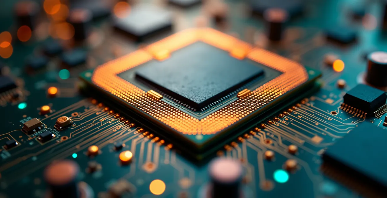 Représentation macro d'un processeur avec des motifs lumineux symbolisant l'analyse comportementale