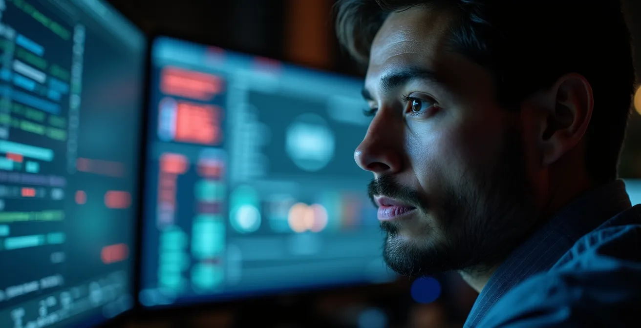 Expert en sécurité analysant des données de vulnérabilités sur plusieurs écrans dans un environnement sombre et technique