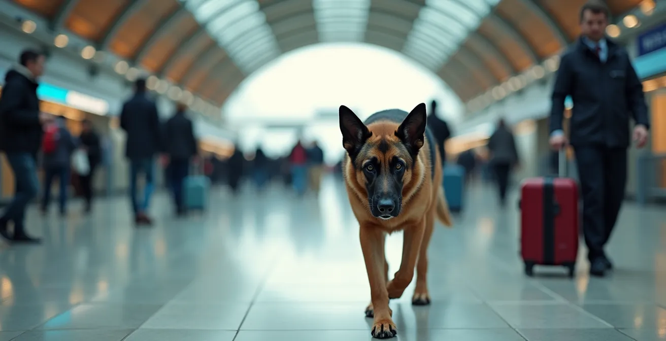 Chien renifleur en action dans une gare française, détection d'explosifs