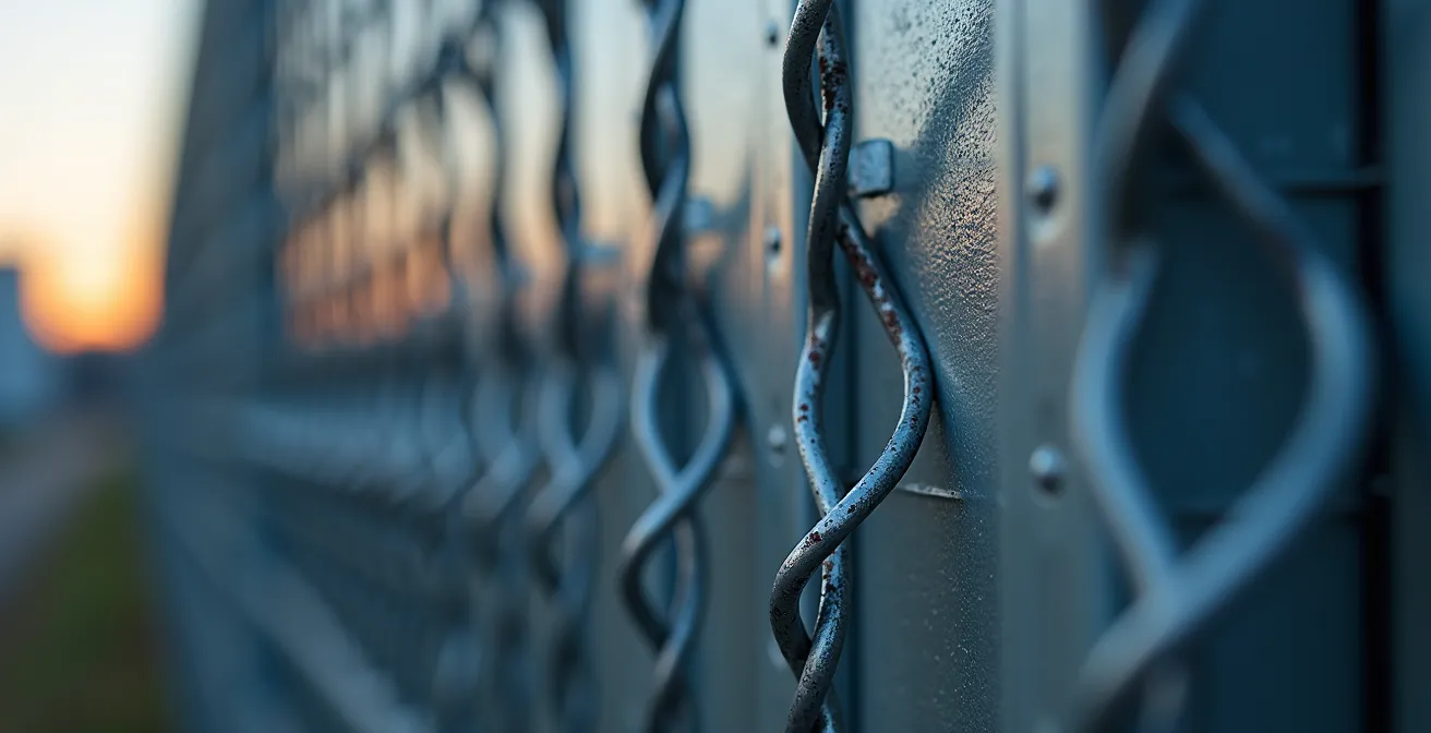 Gros plan sur une clôture haute sécurité équipée de capteurs de détection à fibre optique