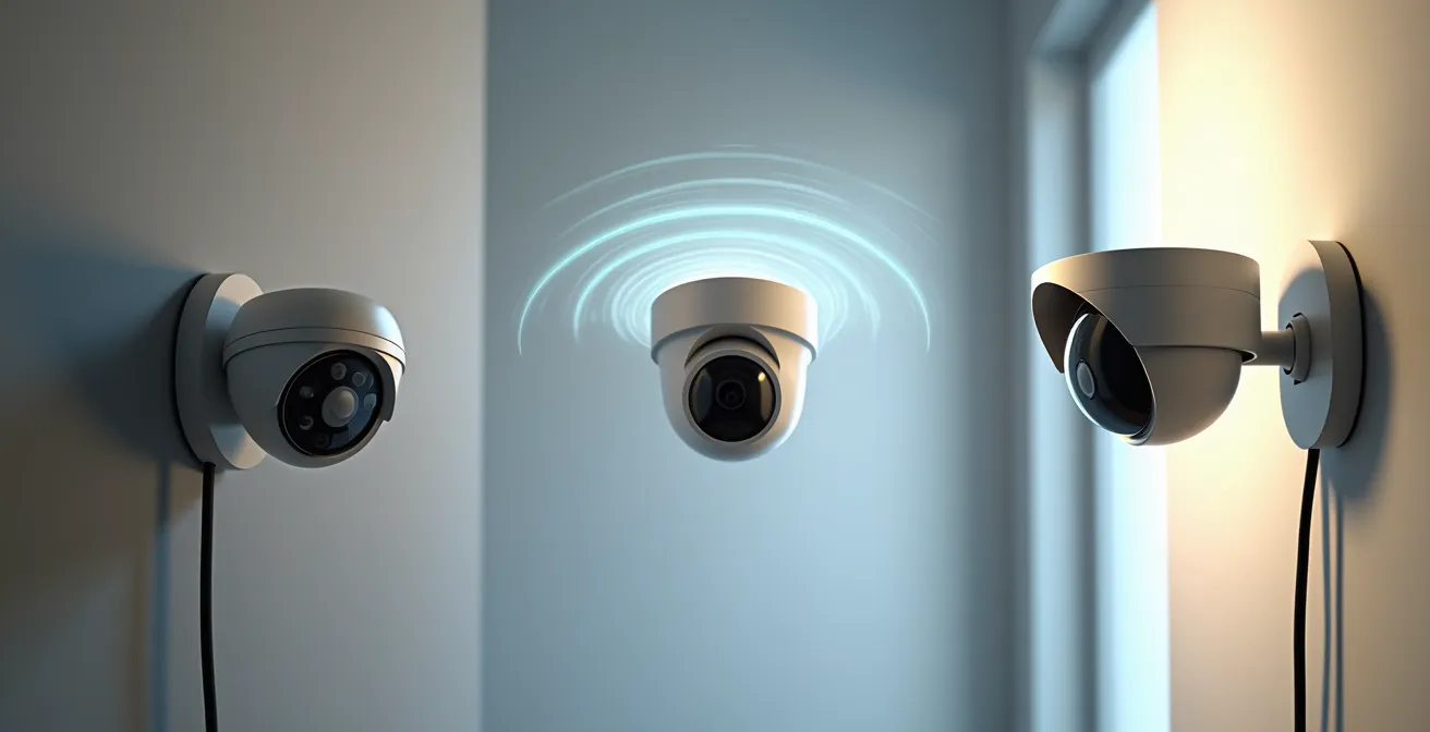 Comparaison visuelle de trois types de caméras de surveillance montrant leurs connexions et installations respectives