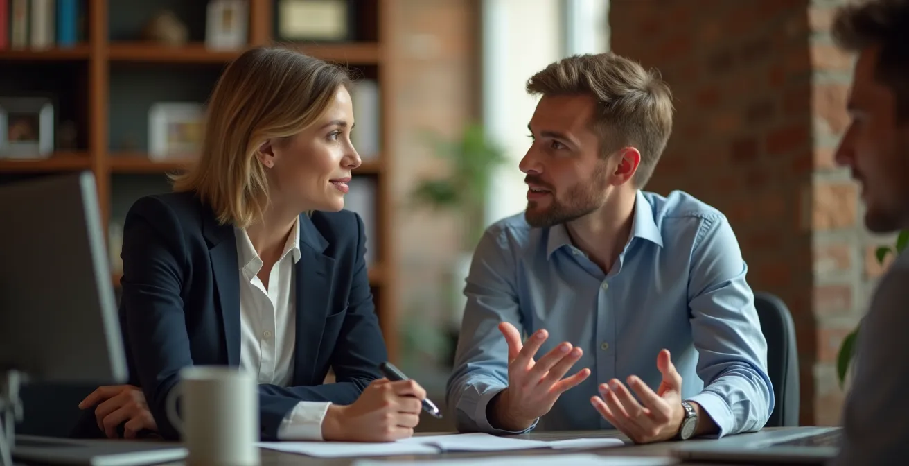 Scène professionnelle montrant une consultation entre professionnels dans un environnement juridique