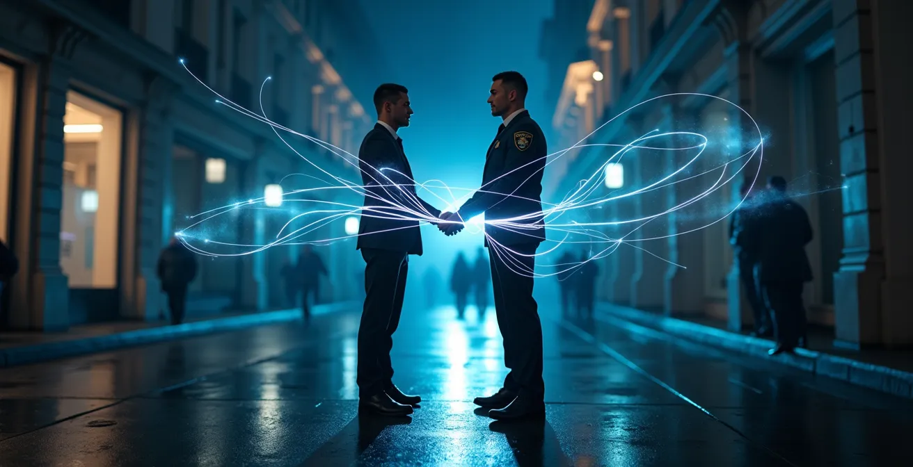 Représentation symbolique de la collaboration entre agent de sécurité privée et forces de l'ordre