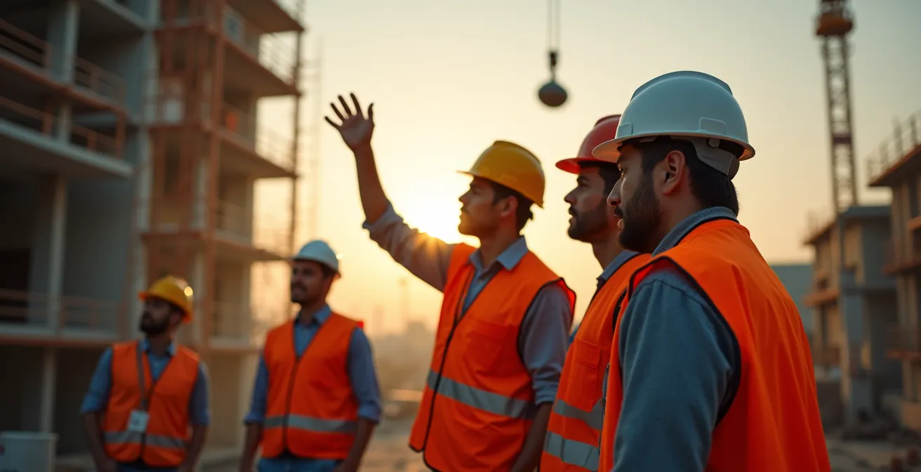 Ouvriers du BTP en situation de co-activité sur un chantier, avec grutier en cabine et équipe au sol coordonnée