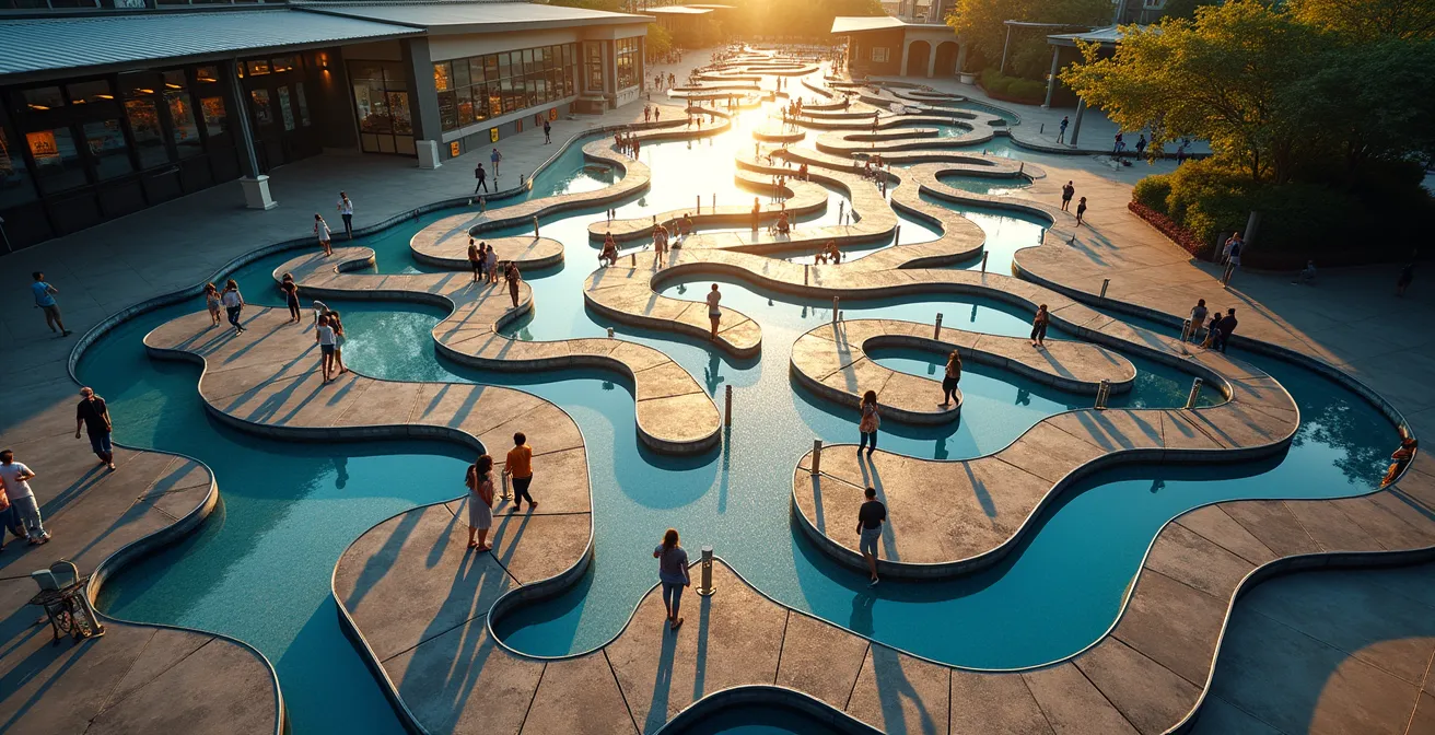 Vue d'ensemble d'un aménagement événementiel avec barrières directionnelles et zones de décompression