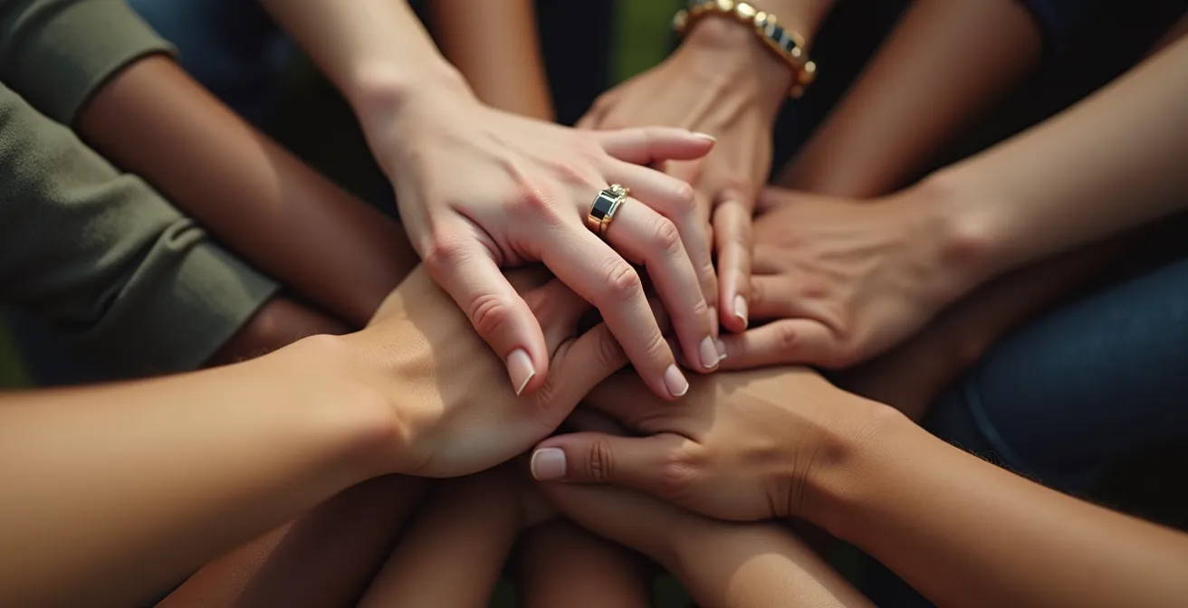 Gros plan sur des mains d'équipe entrelacées symbolisant la solidarité et la protection mutuelle
