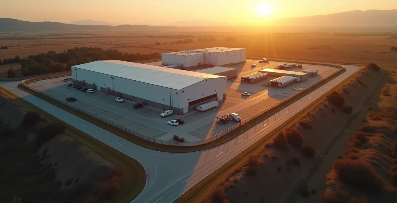 Vue aérienne large d'un site industriel sécurisé montrant l'étendue du périmètre de surveillance