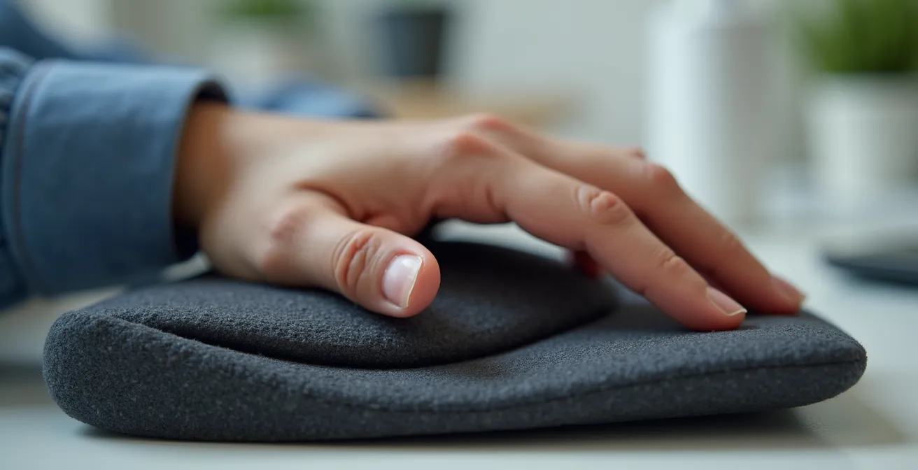 Vue macro détaillée d'une main positionnée ergonomiquement sur un support de travail adapté