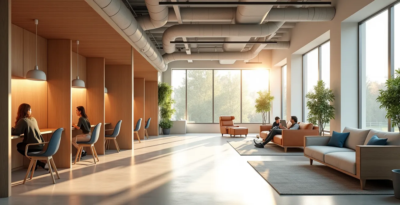 Vue d'ensemble d'un bureau moderne avec différentes zones de travail adaptées aux besoins variés des collaborateurs