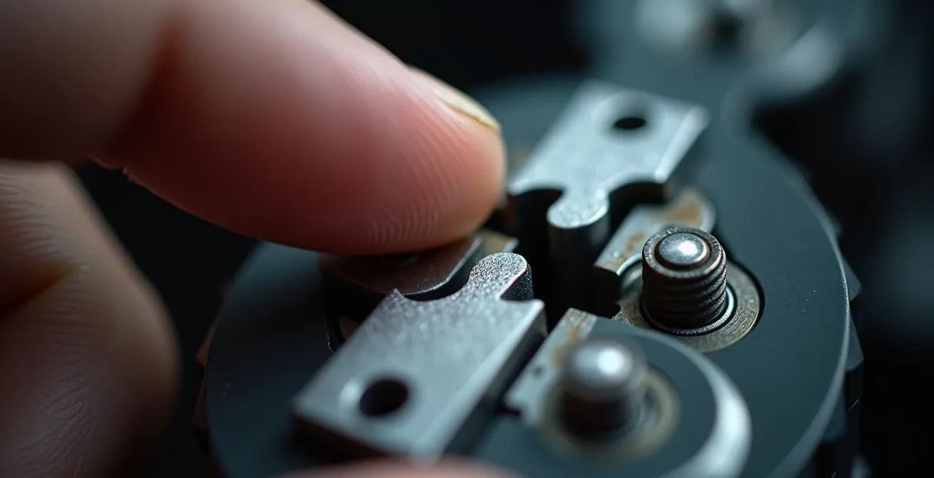 Vue macro d'une main posant délicatement une pièce de puzzle métallique dans un mécanisme de sécurité complexe