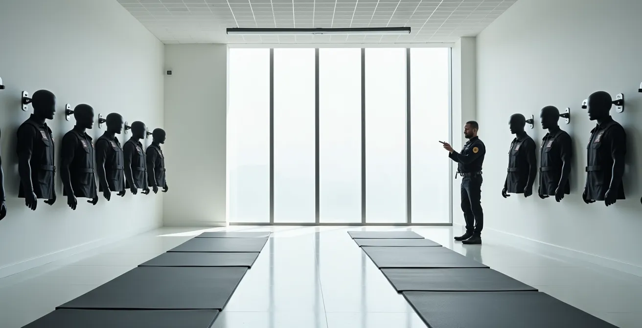 Vue d'ensemble d'une salle de formation sécurité avec équipements