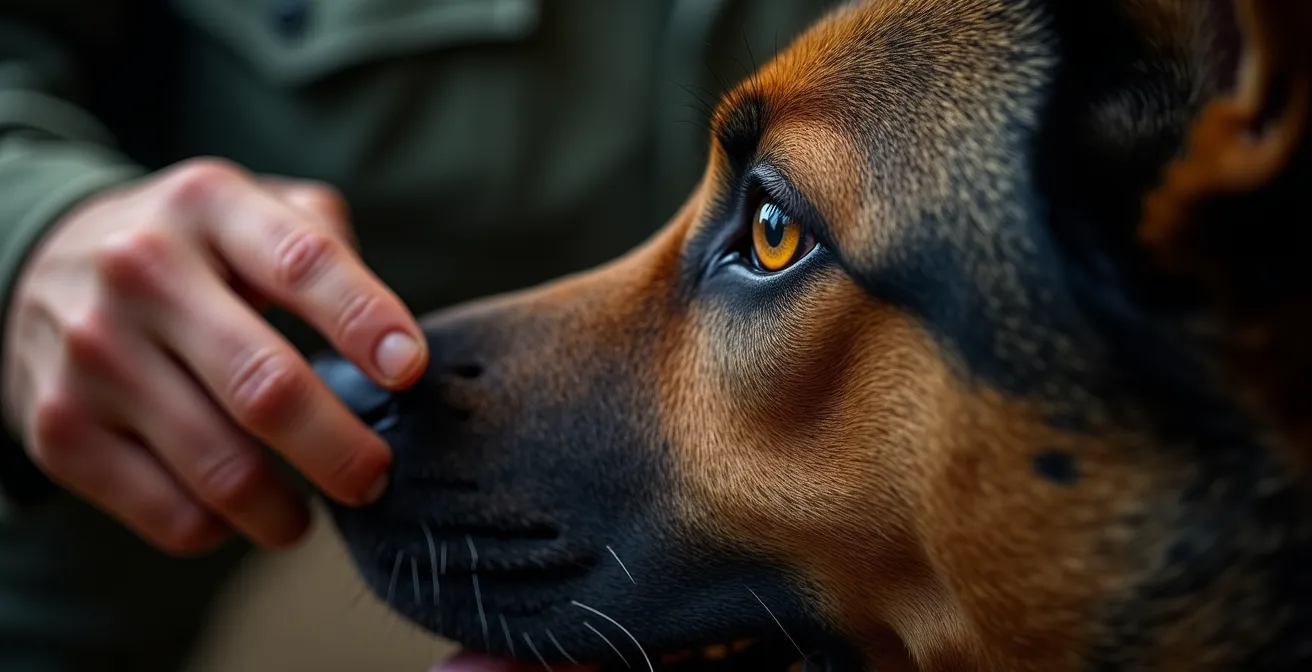 Séance d'entraînement entre un maître-chien et son partenaire canin sur terrain d'exercice