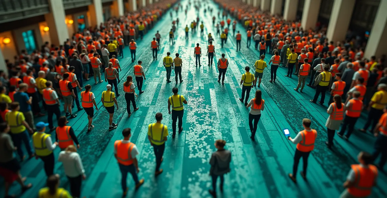 Vue aérienne de la modélisation des flux de foule lors d'un grand événement