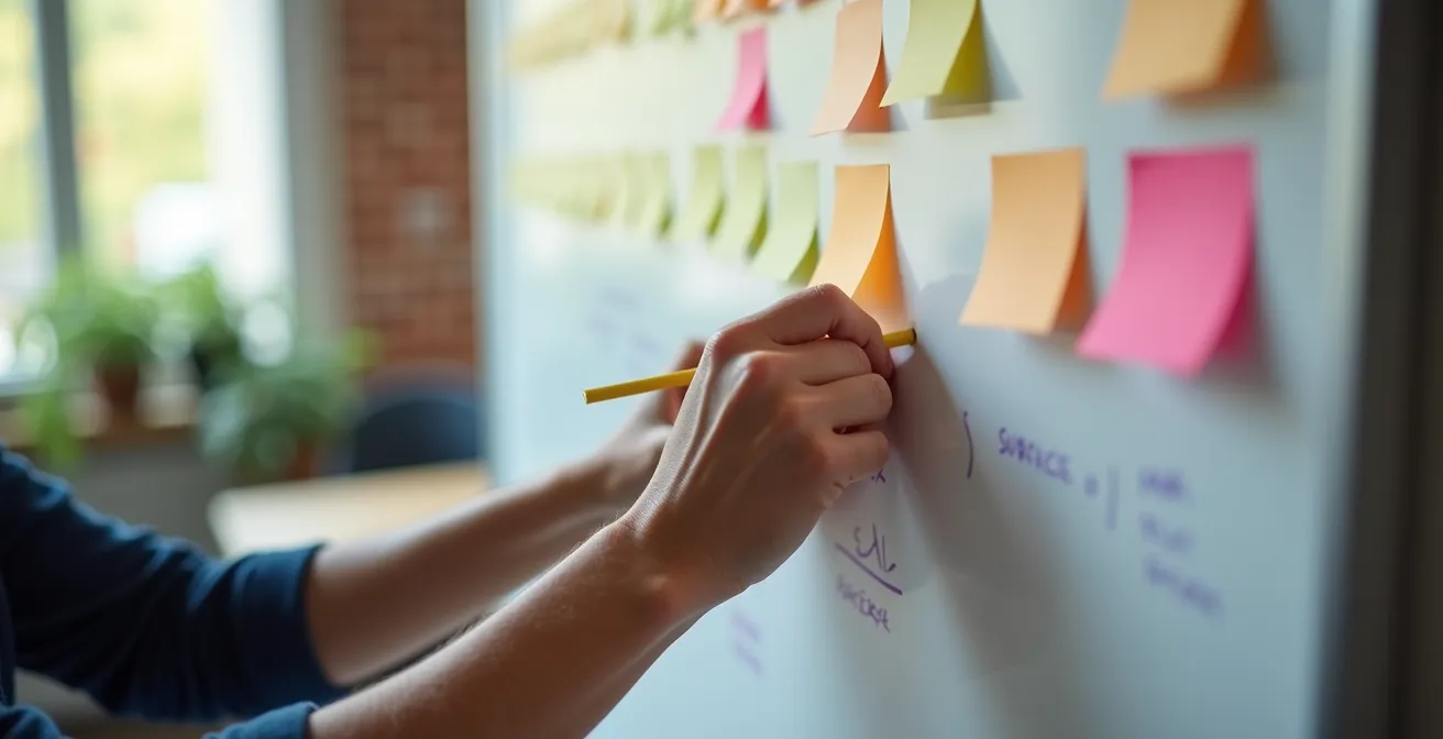 Session de modélisation des menaces avec post-its sur tableau blanc dans un bureau startup français