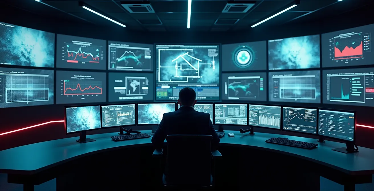 Opérateur en télésurveillance dans un centre de contrôle moderne avec écrans multiples