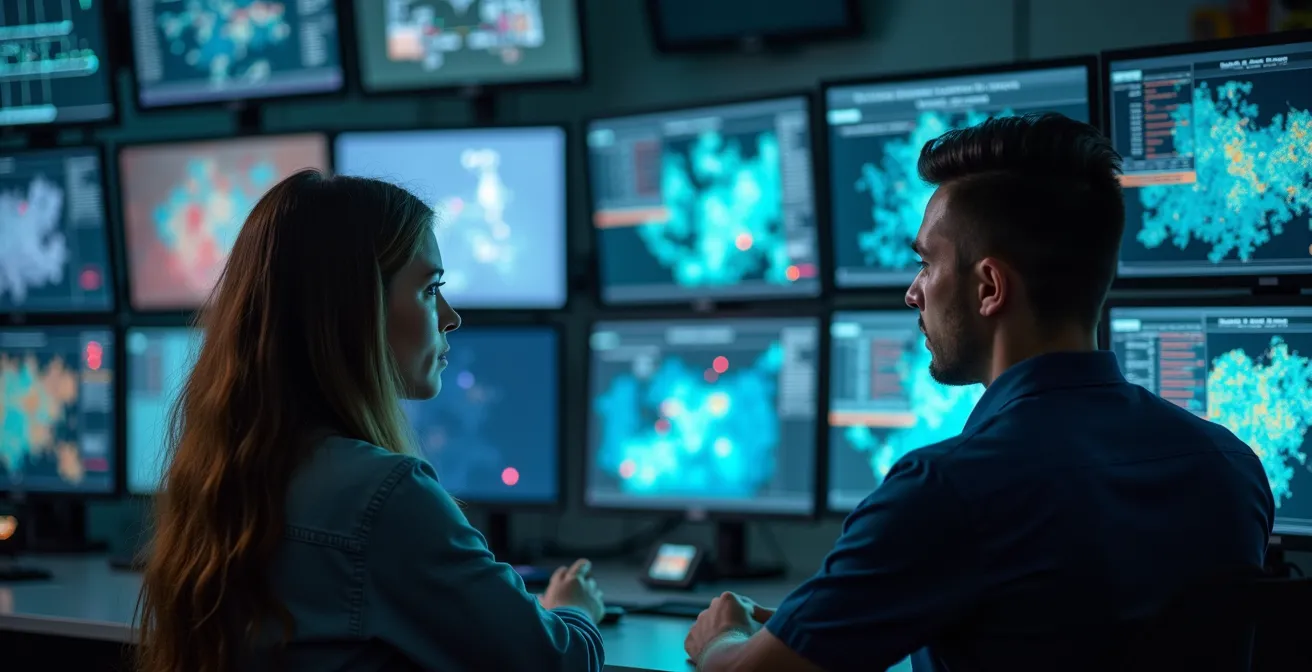 Intérieur d'un PC sécurité moderne avec mur d'écrans et opérateurs