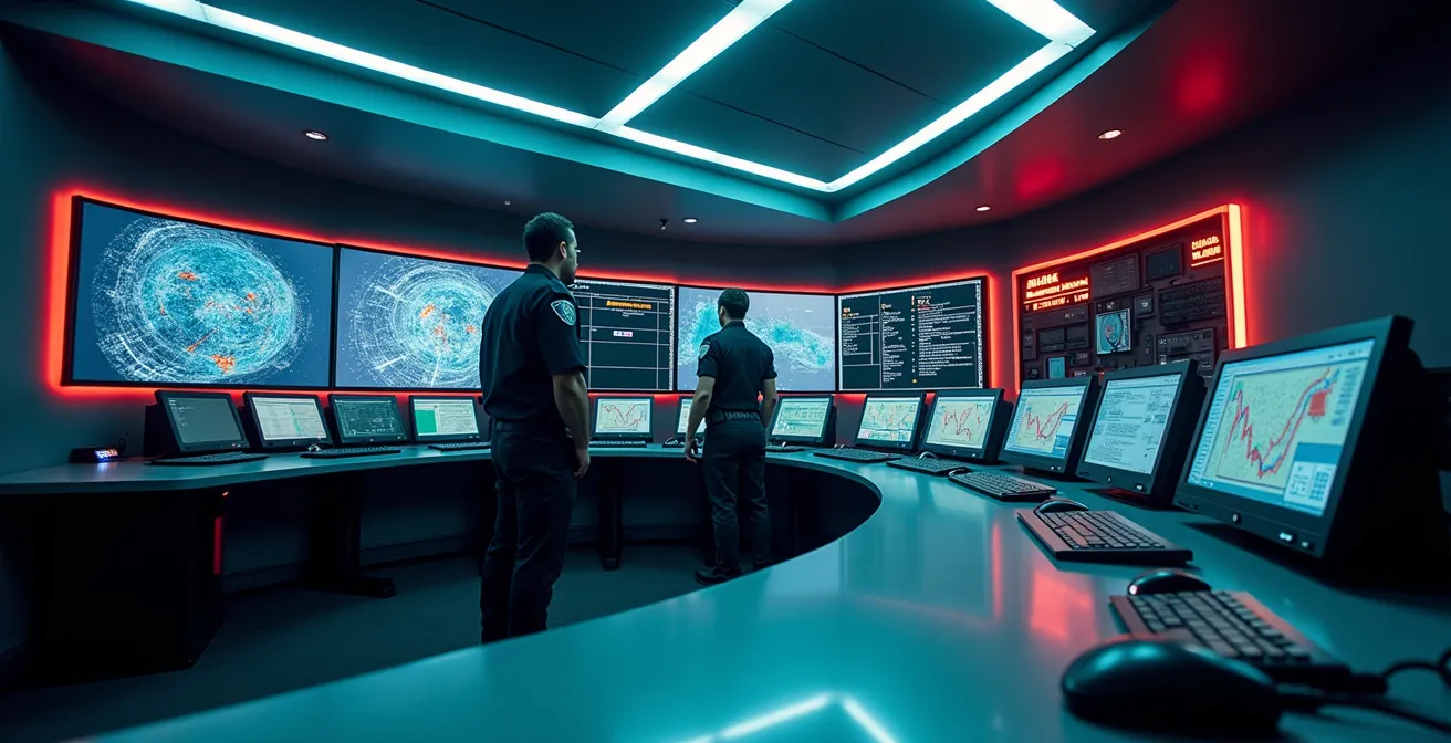 Agent SSIAP devant un système de sécurité incendie de catégorie A dans un PC sécurité