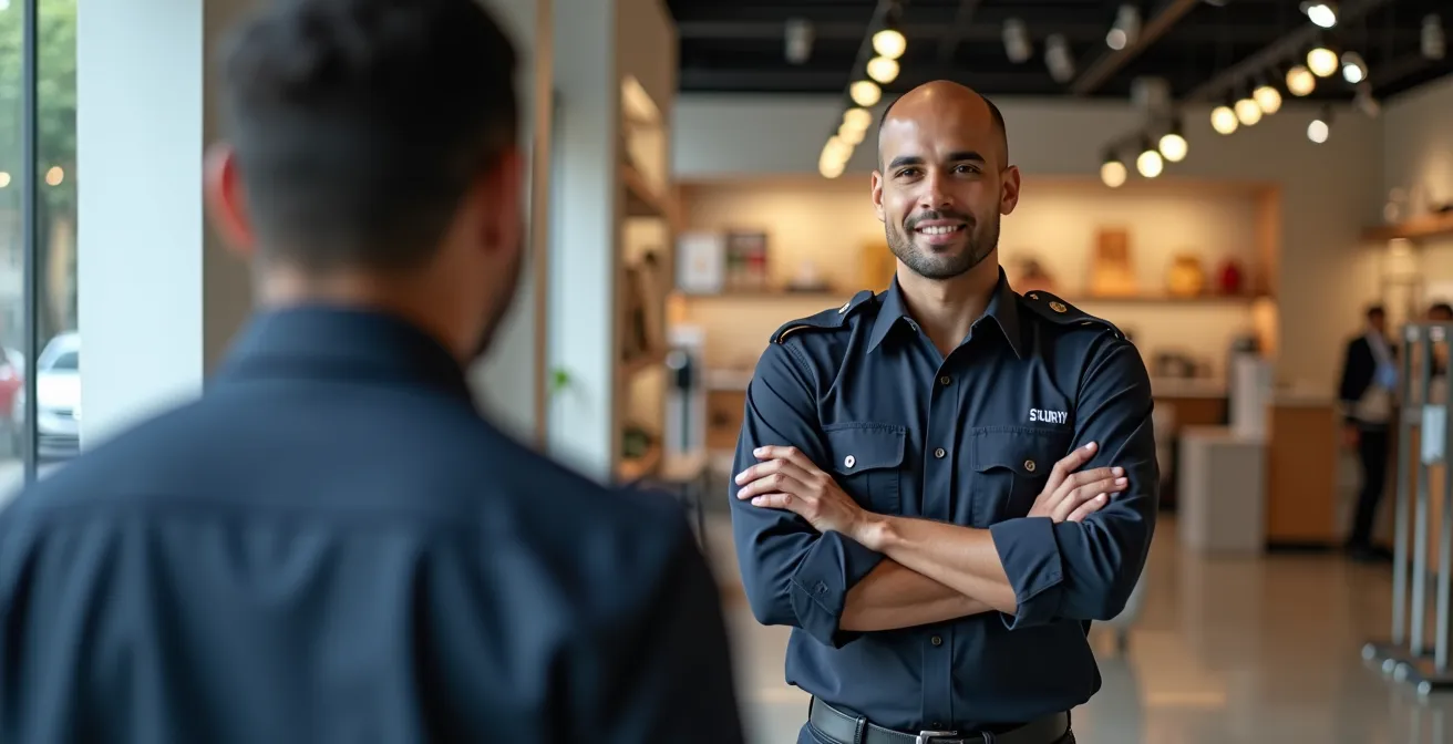 Agent de sécurité démontrant la posture d'entrevue à 45 degrés dans un espace commercial