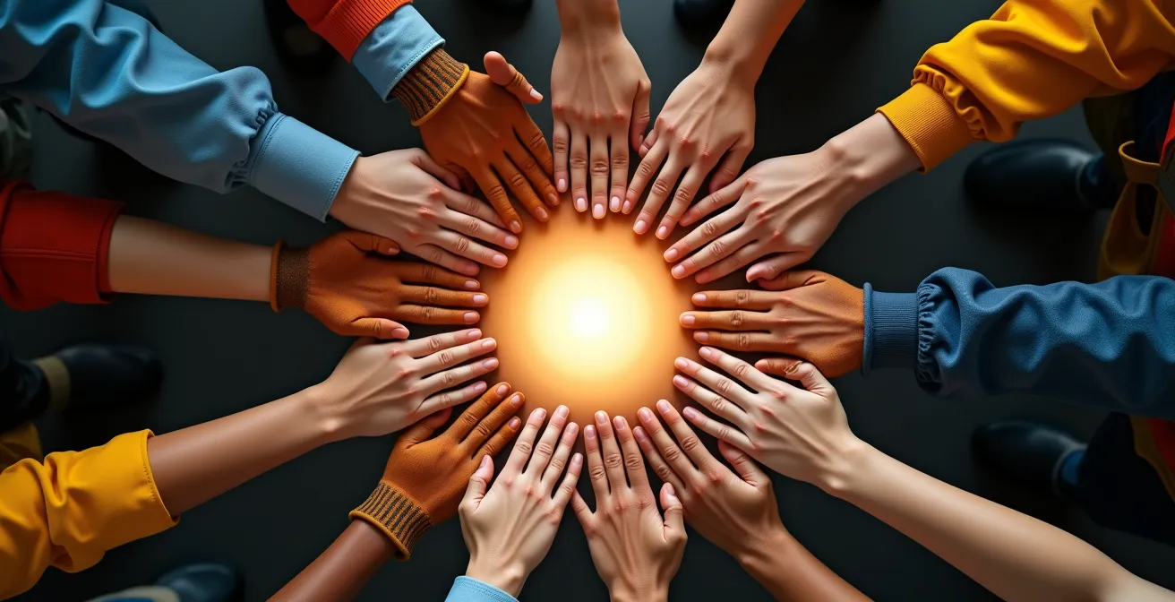 Cercle de mains de travailleurs de différents métiers se rejoignant au centre, symbolisant la protection collective