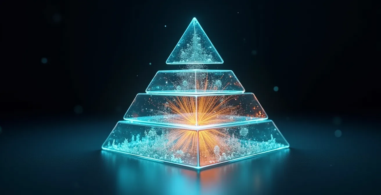 Pyramide de supervision des KPI montrant les différents niveaux de métriques depuis l'infrastructure jusqu'aux indicateurs business