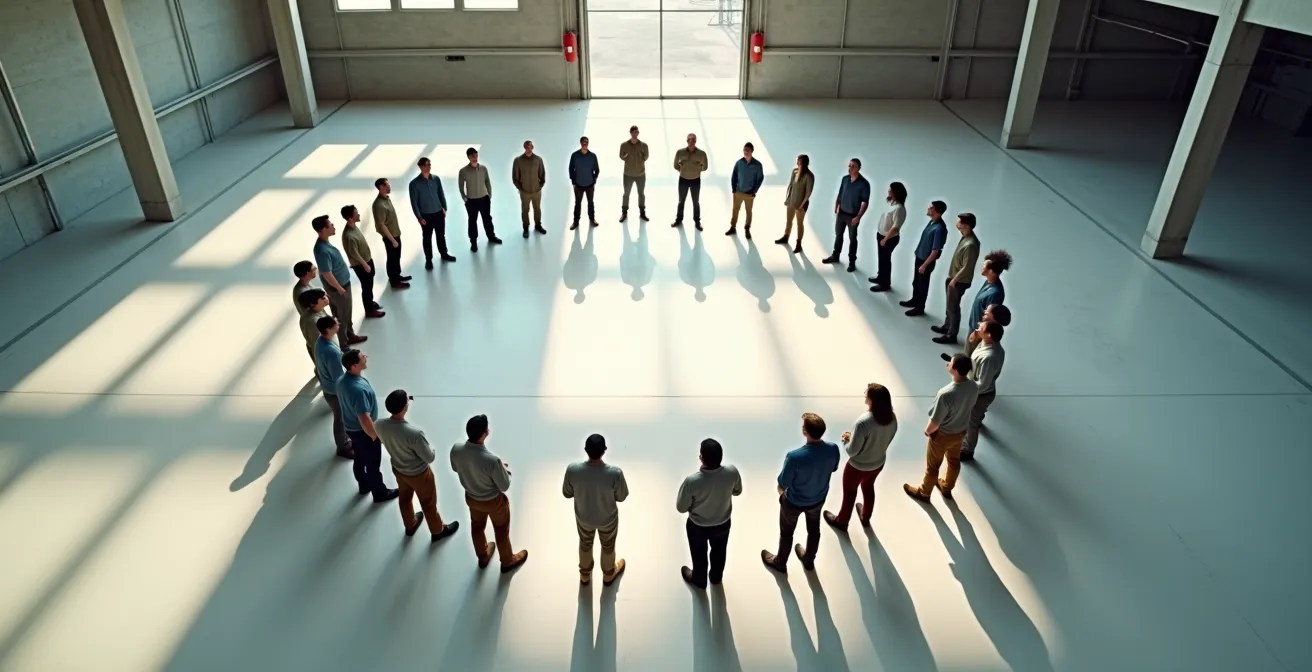 Espace de réunion épuré avec employés en cercle pour un briefing sécurité matinal