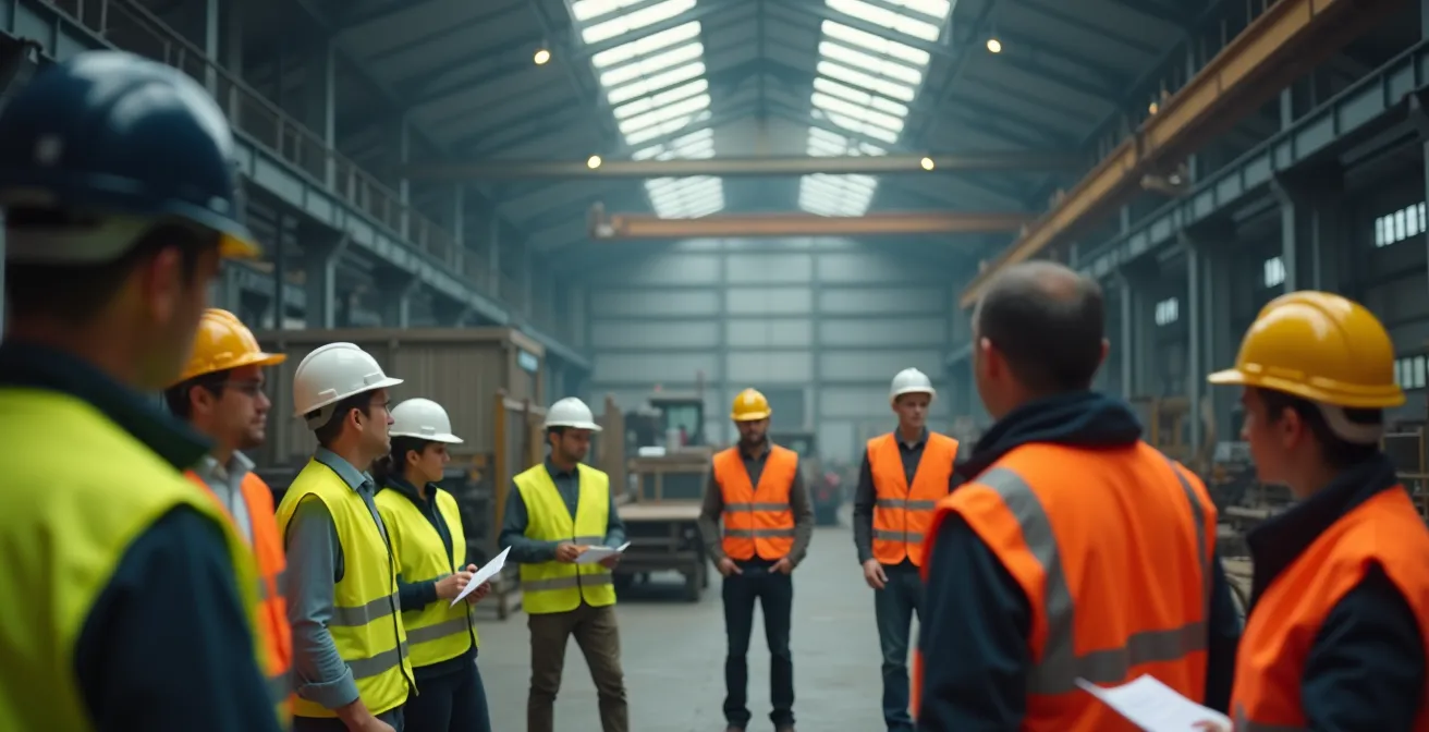 Groupe de travailleurs en cercle dans un atelier industriel lors d'une réunion sécurité participative