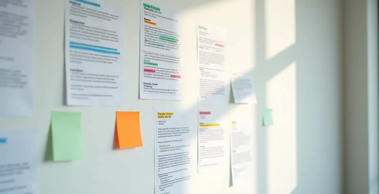 Vue d'ensemble d'un bureau organisé avec des documents juridiques marqués par des signets colorés pour un repérage rapide