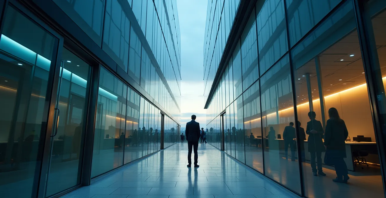 Métaphore visuelle de la responsabilité partagée dans le cloud avec un immeuble commercial