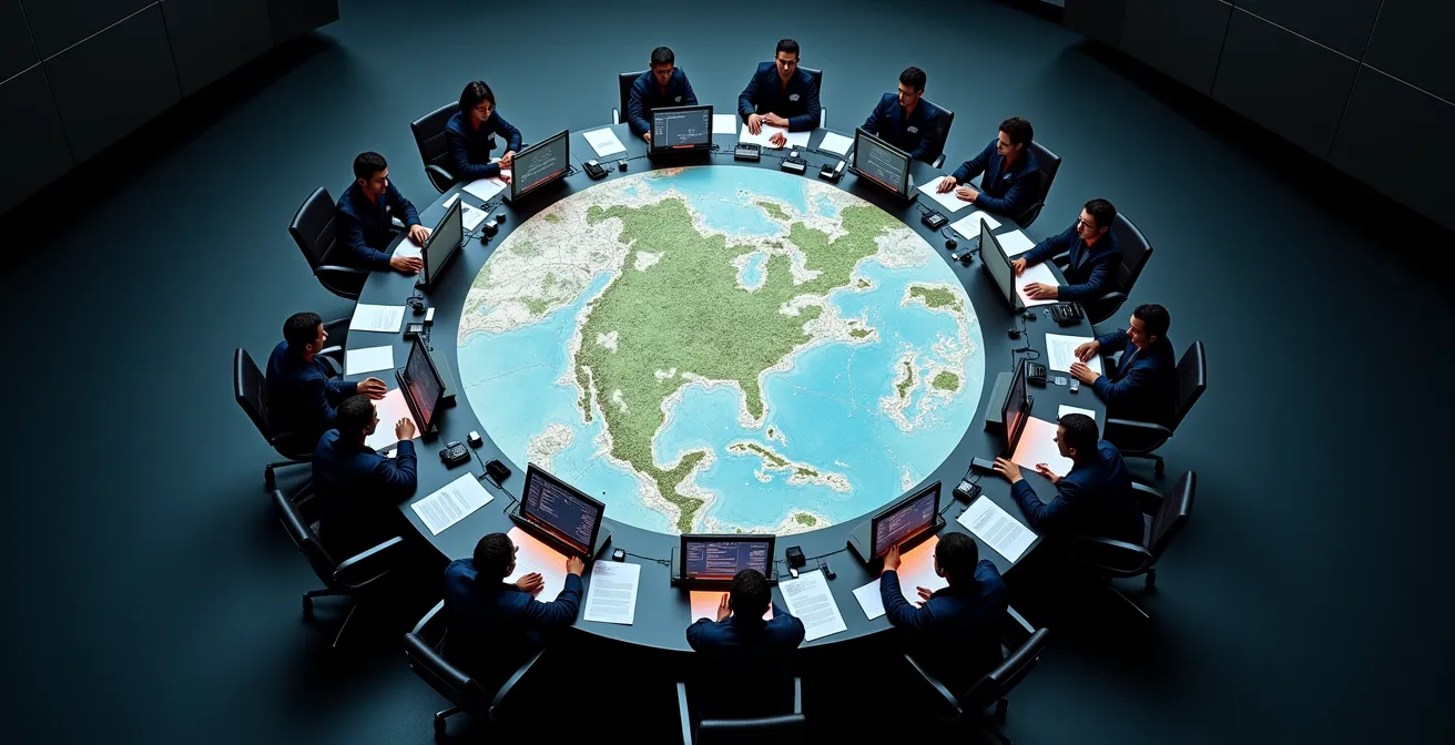 Vue aérienne d'un centre de commandement sécurité avec écrans de surveillance et équipes en briefing